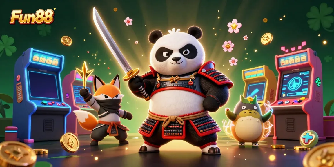 Experience the excitement of Fun88 with a dynamic illustration of a samurai panda and ninja fox in a vibrant online casino.
