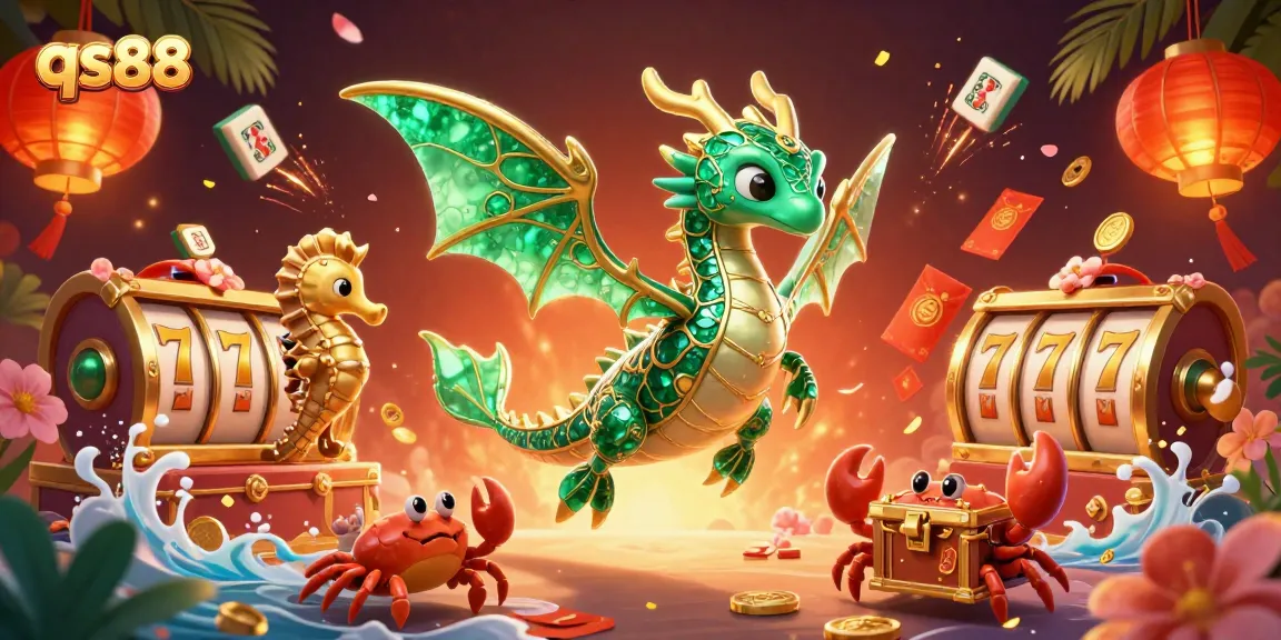 Experience the excitement of qs88 with emerald dragons and dynamic slots in a vibrant casino scene.