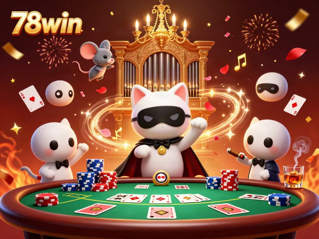 Experience the thrilling ambiance of 78win with a vibrant casino scene featuring playful characters and dynamic gambling elements.