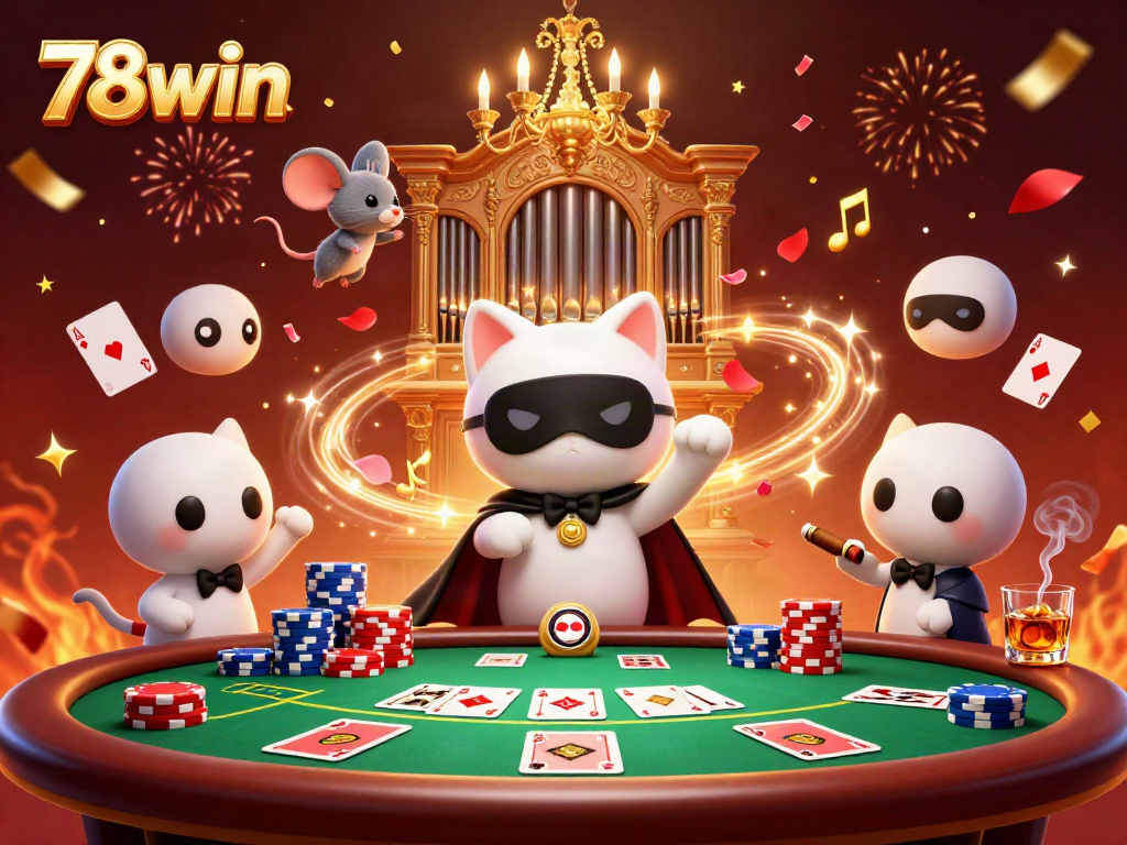 Experience the thrilling ambiance of 78win with a vibrant casino scene featuring playful characters and dynamic gambling elements.