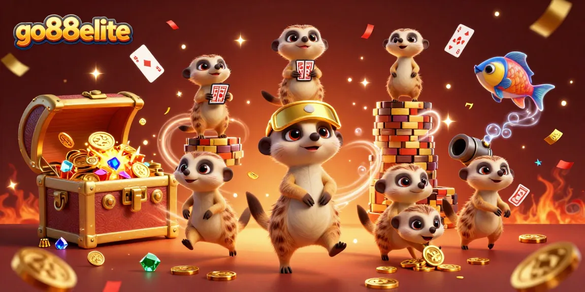 Experience the excitement of go88elite as meerkats operate a vibrant casino, surrounded by treasures and playful game elements.