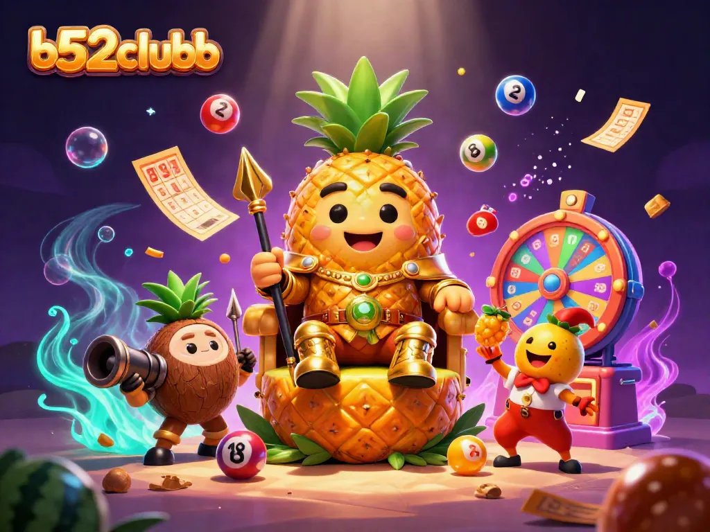 Explore b52clubb's vibrant scene with a golden pineapple king ruling the beach casino.
