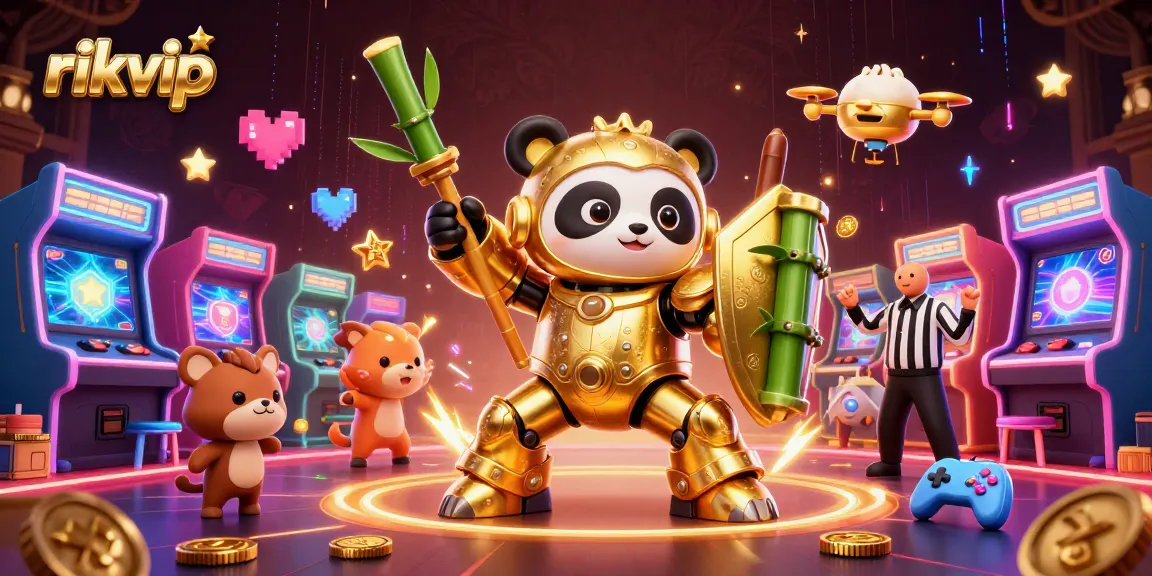 Experience thrilling action at rikvip with a mech-suit panda battling in a vibrant casino arcade.