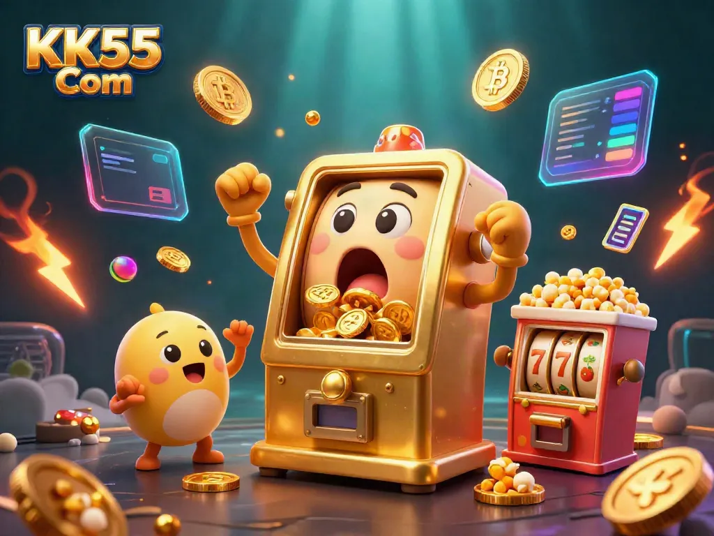 Experience the excitement of winning with KK55 Com at a vibrant online casino scene featuring lively slot machines and crypto elements.