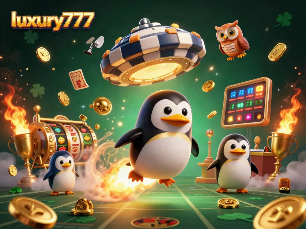 Experience engaging gameplay with luxury777 as a golden penguin rockets towards a vibrant casino.