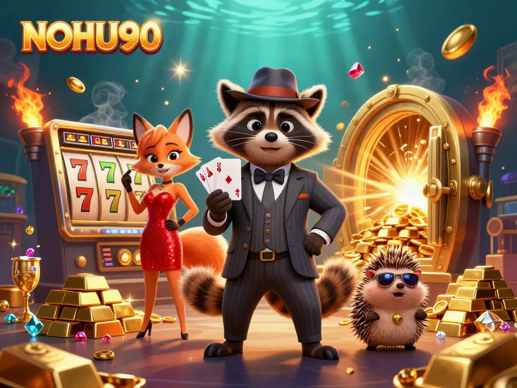 Engage with NOHU90's thrilling world of slots featuring a charming raccoon, fox, and hedgehog.