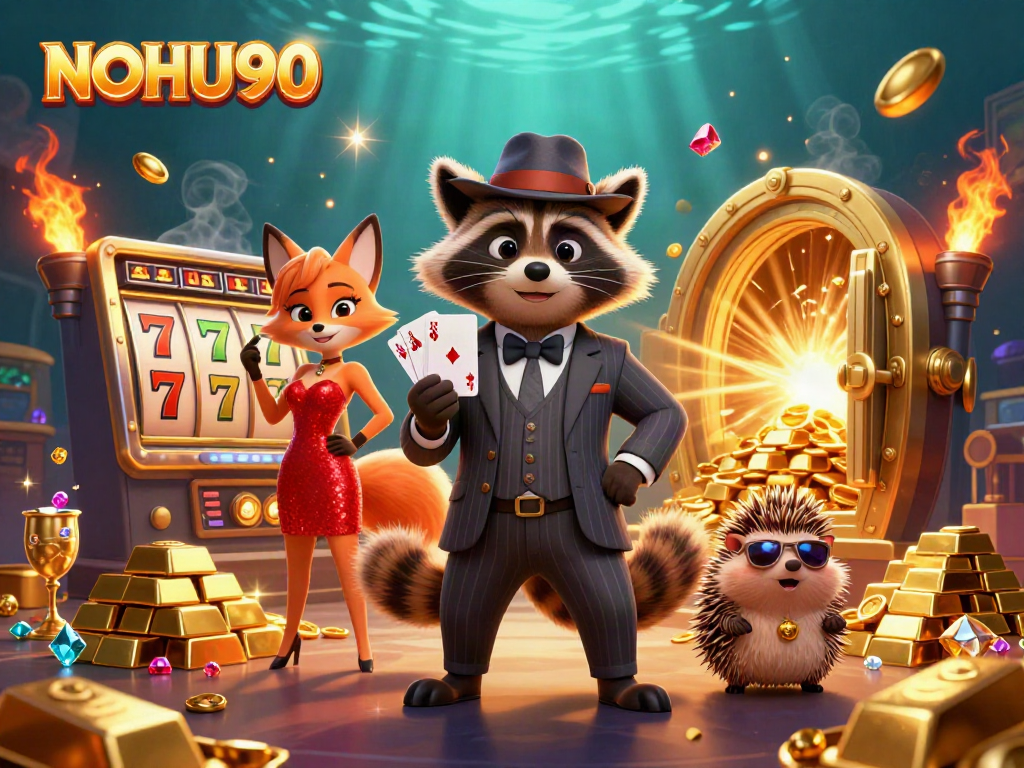 Engage with NOHU90's thrilling world of slots featuring a charming raccoon, fox, and hedgehog.