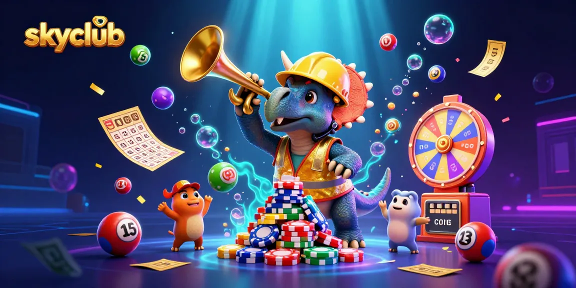 Experience the excitement of skyclub with vibrant gaming elements and animated characters celebrating a win.