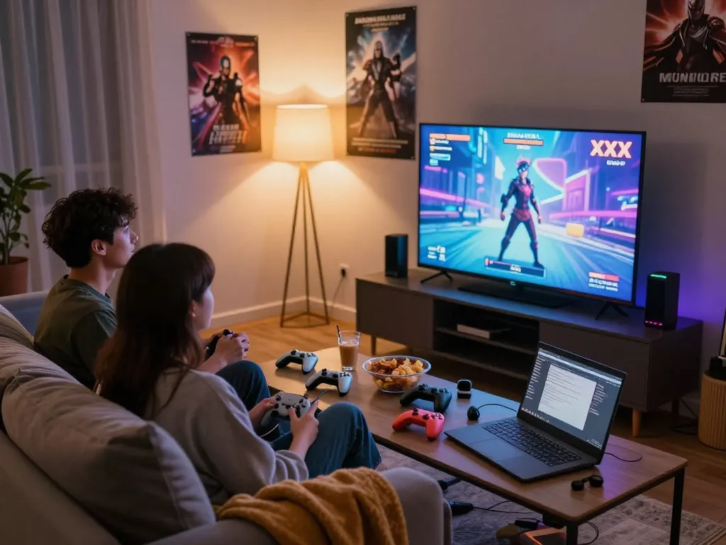 Couple playing xxx games in a cozy living room with snacks and gaming consoles.