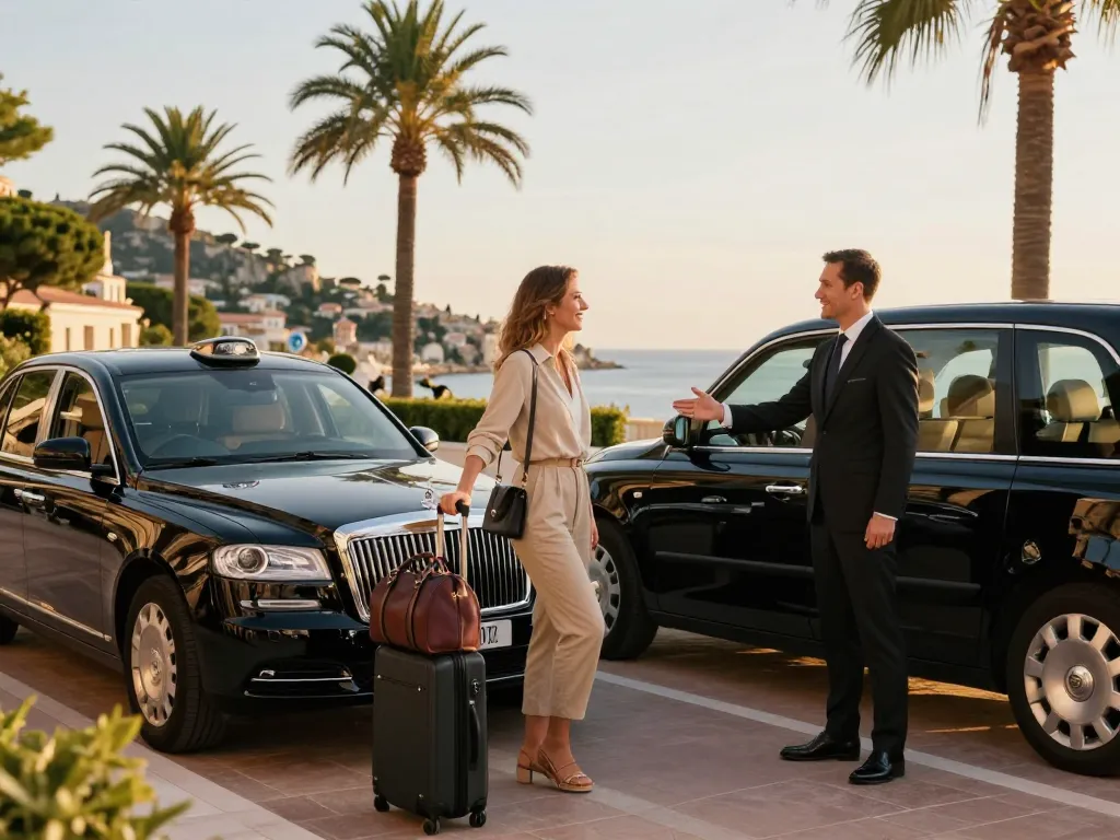 Service de taxi à St Tropez avec un voyageur élégant et un chauffeur professionnel à côté d'un véhicule de luxe.