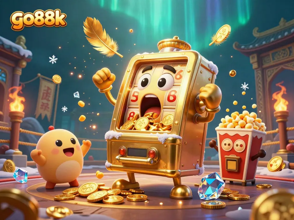 Engage with go88k's thrilling jackpot scene featuring cheerful slot machines and golden coins.