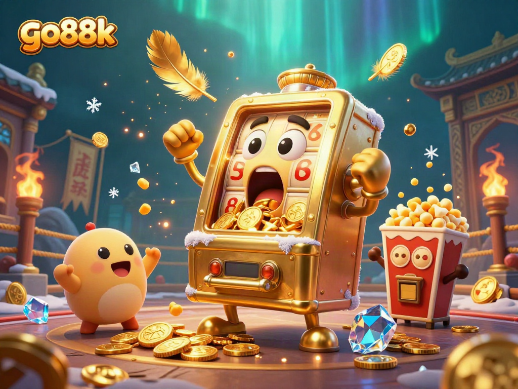 Engage with go88k's thrilling jackpot scene featuring cheerful slot machines and golden coins.