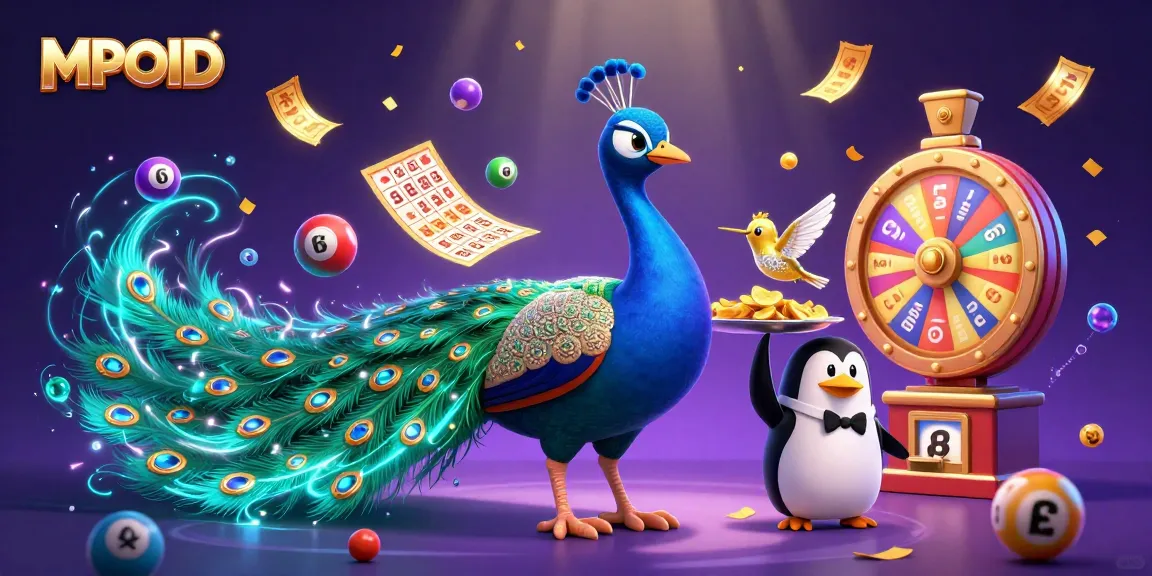 MPOID platform showcasing vibrant casino elements with colorful bouncing lottery balls and a peacock in a vivid scene.