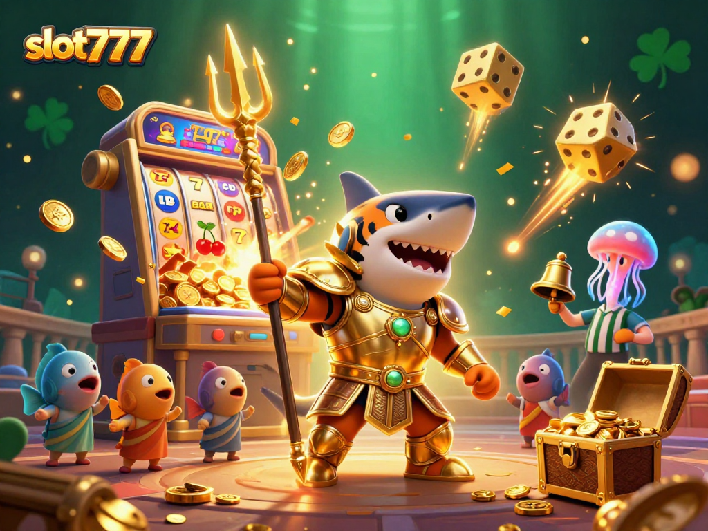 Spin to win with slot777 as a tiger shark battles through a colorful jackpot explosion.