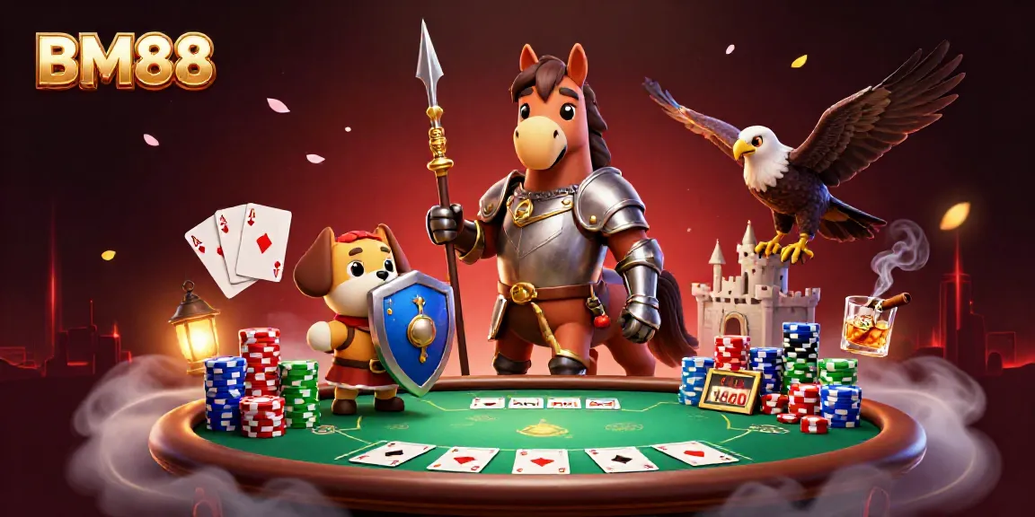 BM88 knights battle at a vibrant poker table, showcasing casino excitement and camaraderie.
