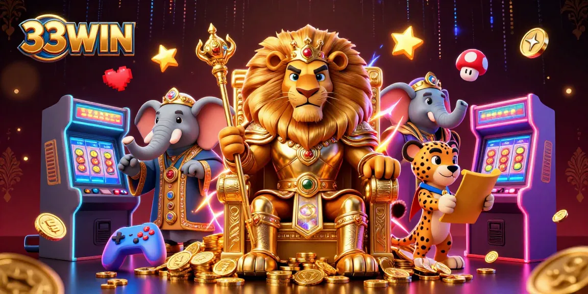 Experience 33WIN's vibrant 3D cartoon casino world with lions, elephants, and cheetahs showcasing thrilling gaming.