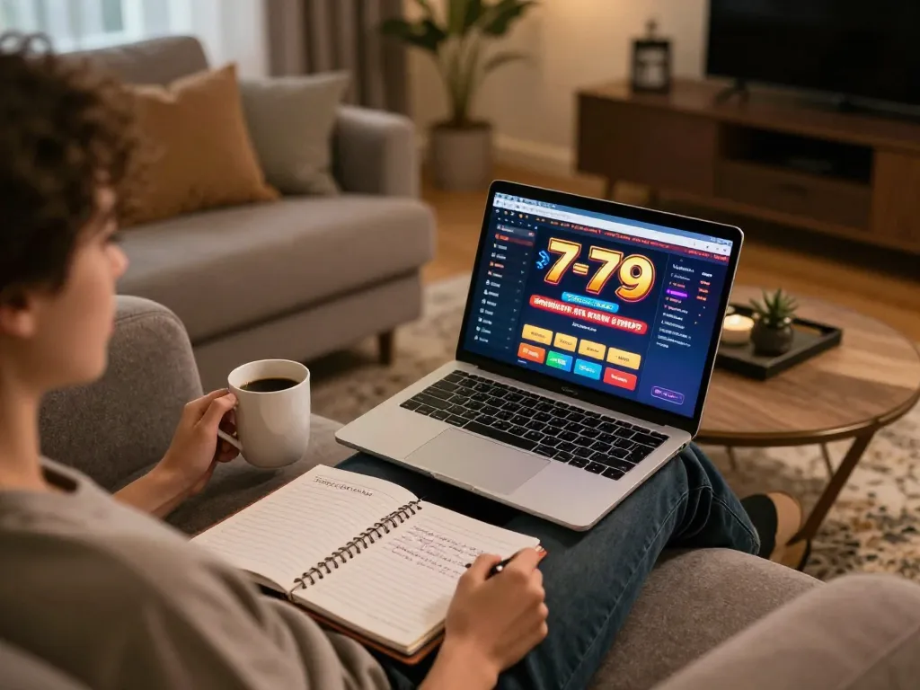 Experience online casino fun79 with dynamic gaming on tablet and laptop in inviting home setting.