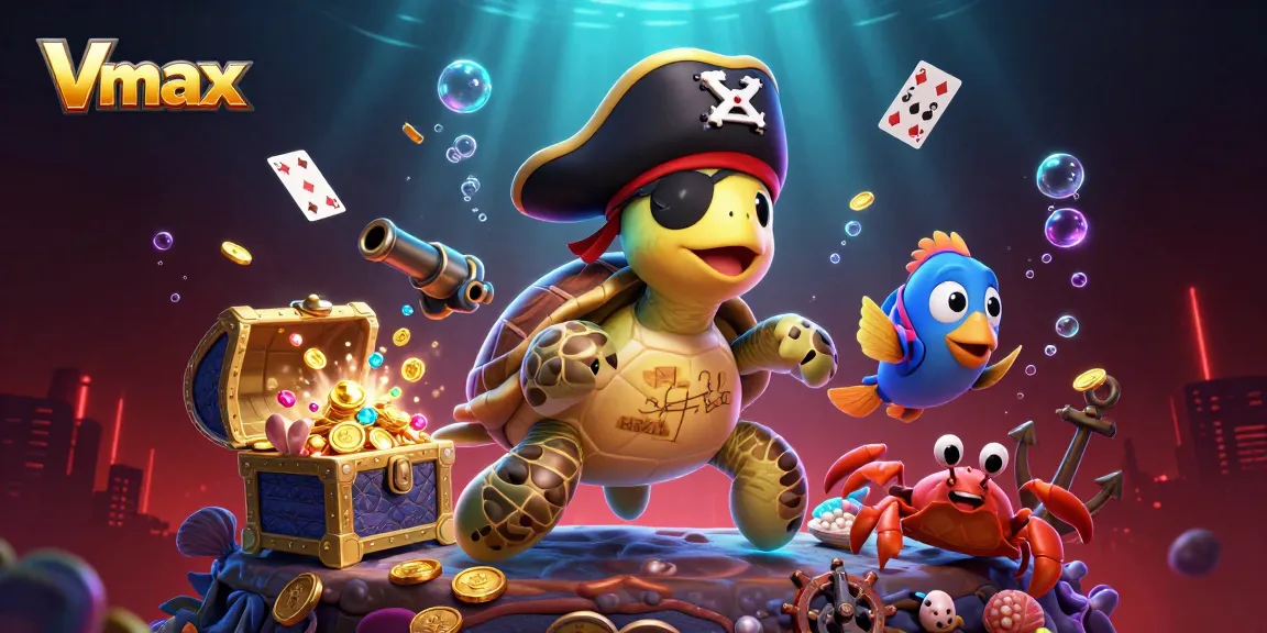 Vmax features a pirate turtle and friends celebrating casino riches with glowing treasures.