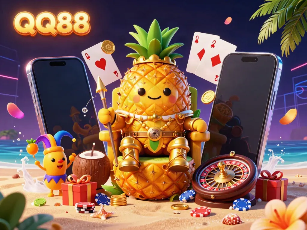 Experience thrilling gaming action at QQ88 with vibrant characters and casino elements in a lively beach setting.