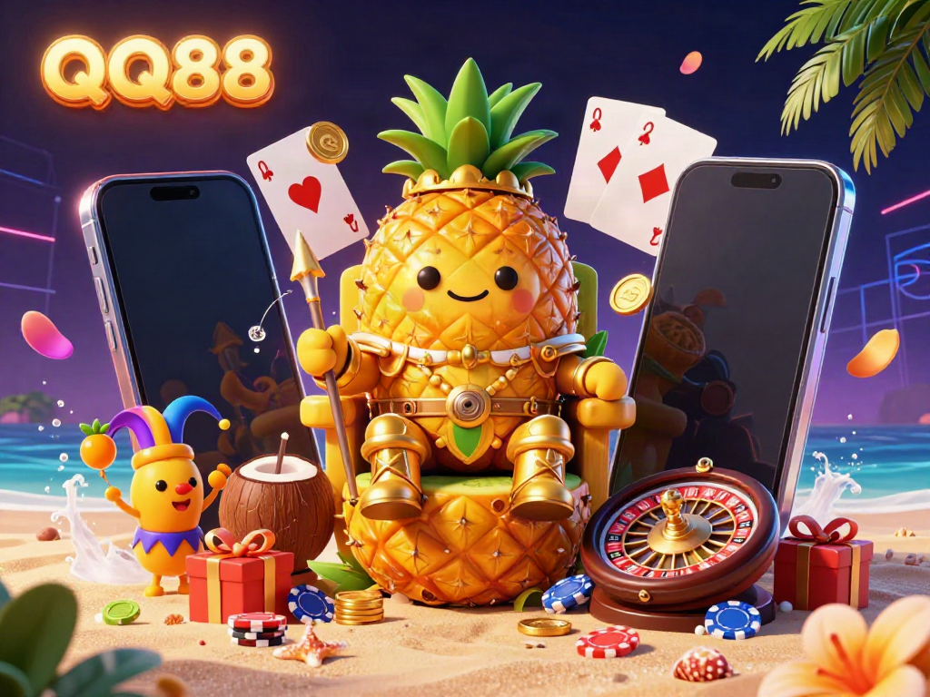 Experience thrilling gaming action at QQ88 with vibrant characters and casino elements in a lively beach setting.