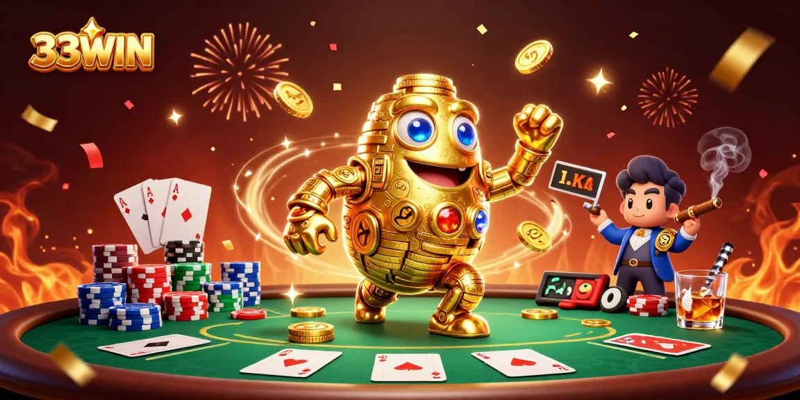 Experience exciting gameplay at 33WIN with a golden golem surrounded by dynamic poker elements.