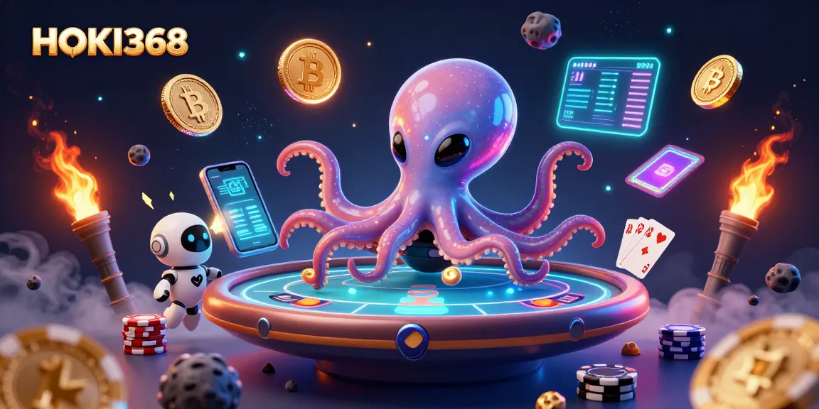 Engage with HOKI368, a vibrant casino space scene featuring a cosmic octopus at a poker table.