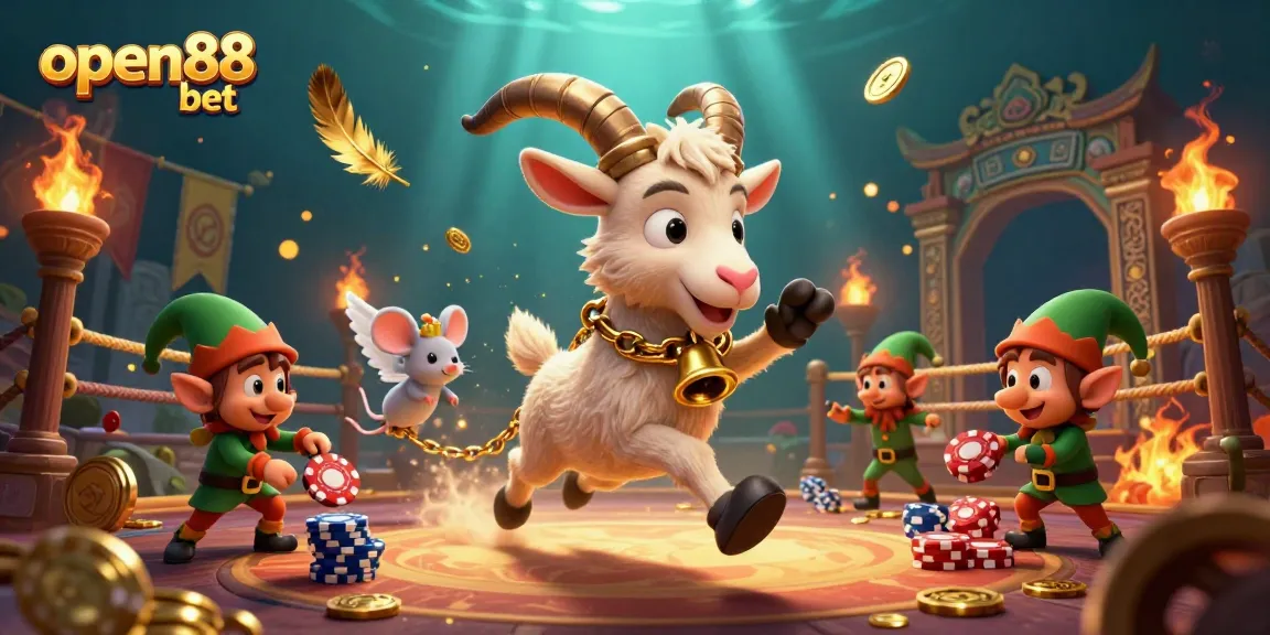 Experience the excitement of open88 bet in a vibrant online casino featuring a Krampus goat and playful characters.