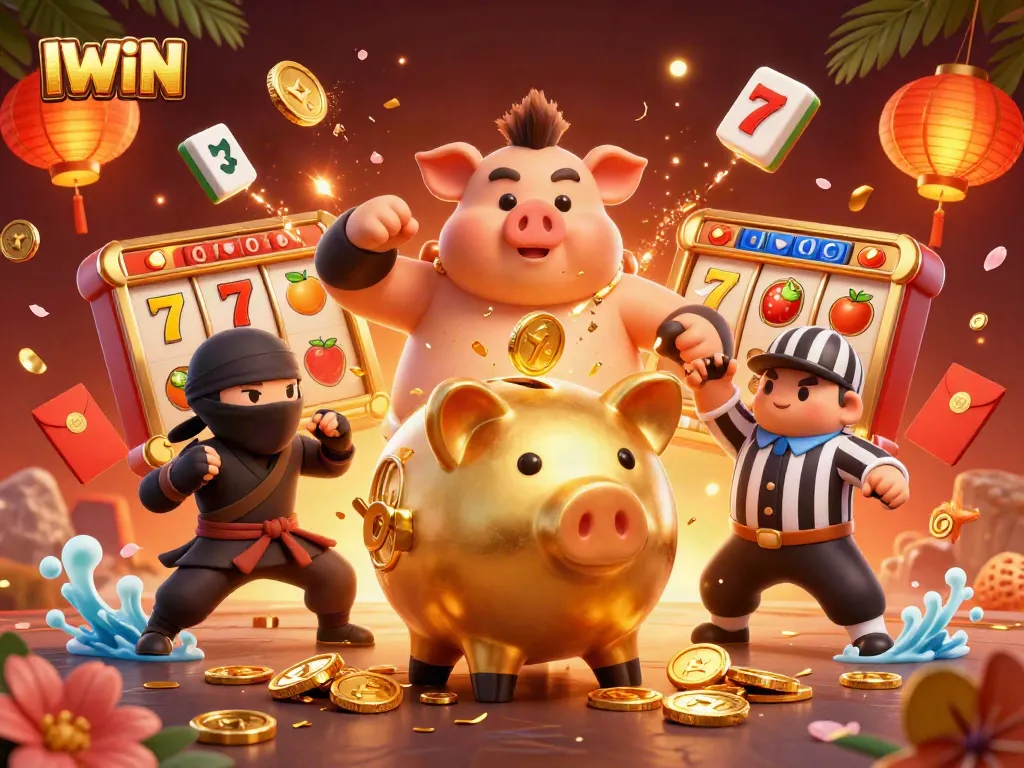 IWIN fortune grows as a golden piggy bank sumo wrestler stomps out coins in this lively casino scene.