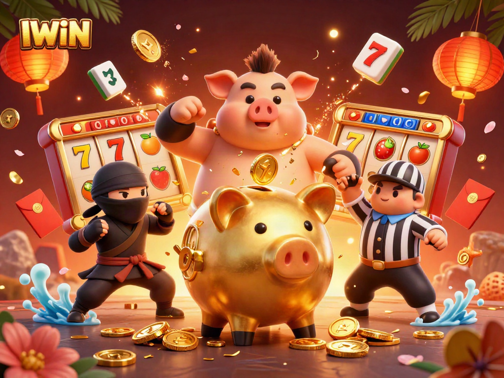 IWIN fortune grows as a golden piggy bank sumo wrestler stomps out coins in this lively casino scene.
