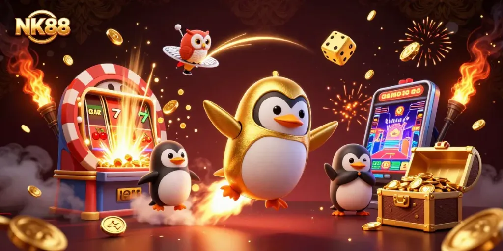 Experience thrilling gaming with NK88's golden penguin and jackpot explosion in this vibrant scene.