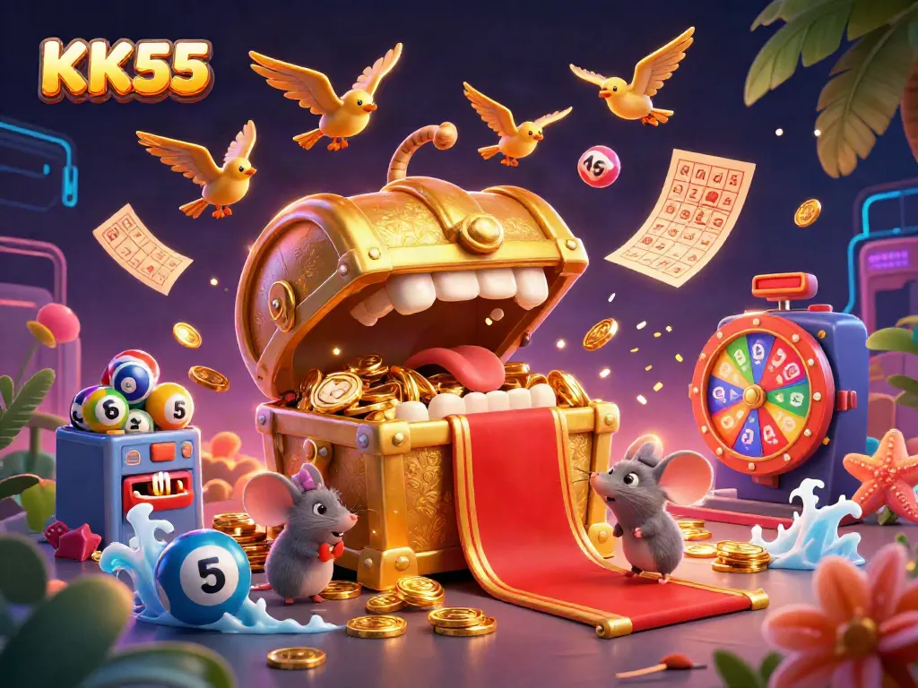 Engaging scene depicting KK55 with treasure chest and vibrant game elements, perfect for gambling enthusiasts.
