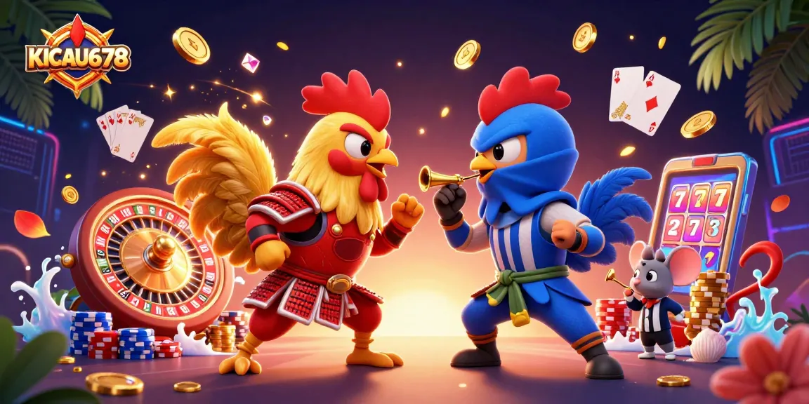 KICAU678 showcases an epic standoff with cartoon roosters amidst dynamic casino elements!