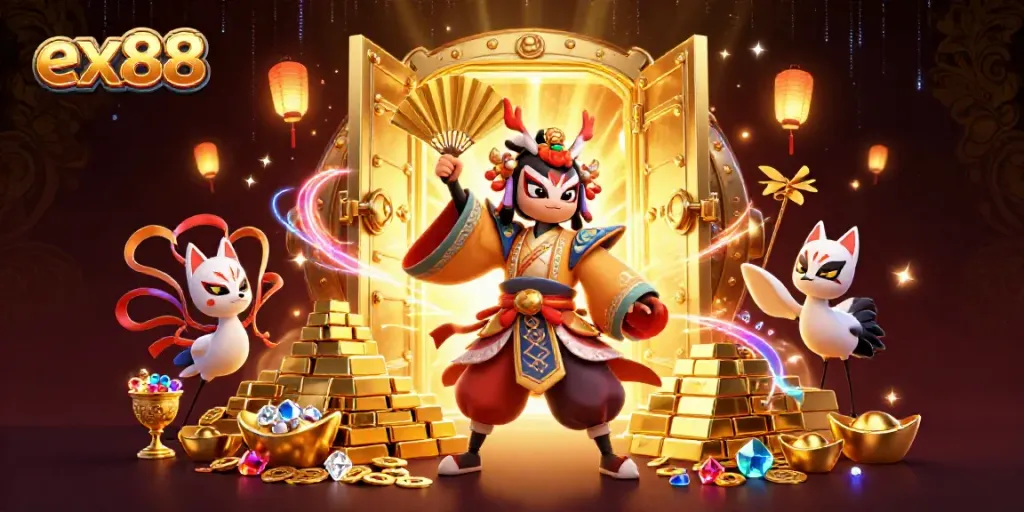 Experience the excitement of ex88 with kabuki warriors, gold bars, and dynamic casino elements.