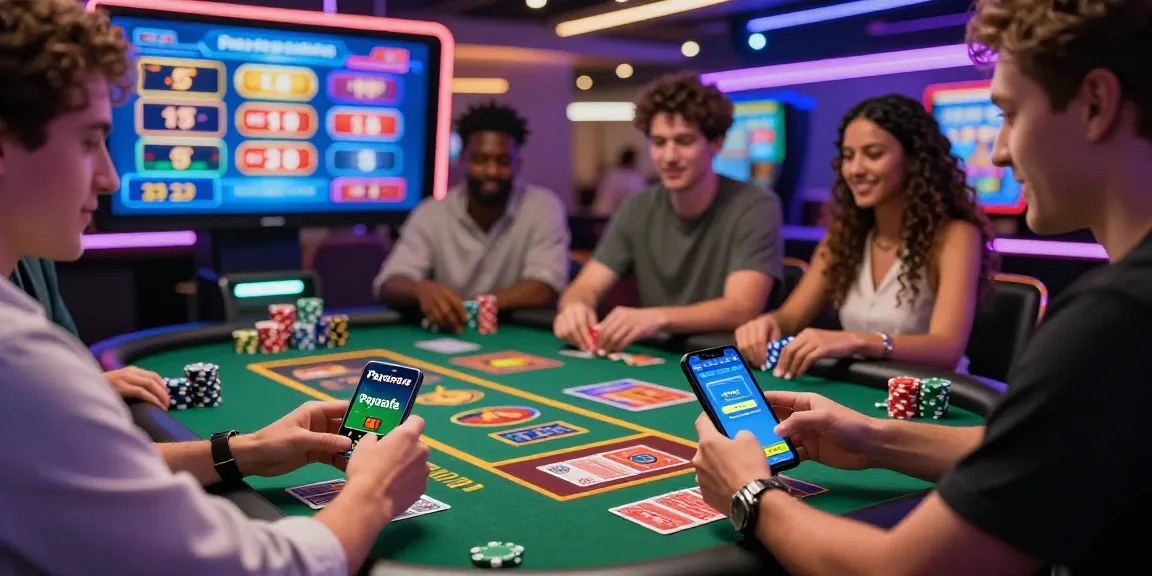 Paysafe-Karten-Casino-Spieler genießen ein lebhaftes Spielerlebnis in einem modernen Casino.