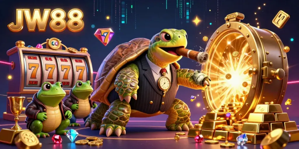 Experience thrilling gameplay at JW88 with a vibrant casino scene featuring a snapping turtle and bullfrog enforcers.