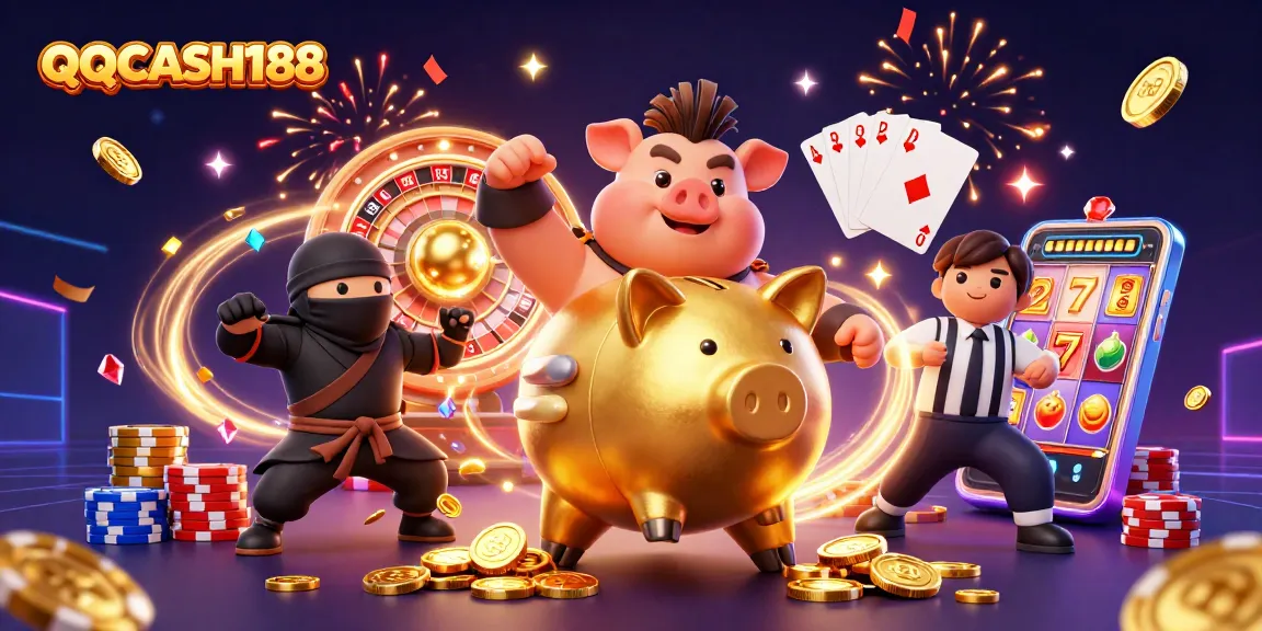 Join the adrenaline of QQCASH188 with a vivid 3D casino showdown featuring a golden piggy bank and more!