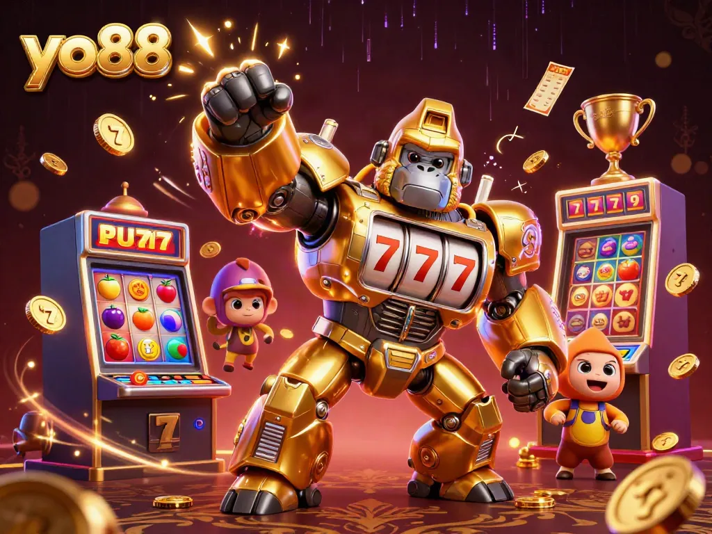 Experience the excitement of yo88 with a dynamic 3D rendering showcasing golden gorilla mech and slot machines.