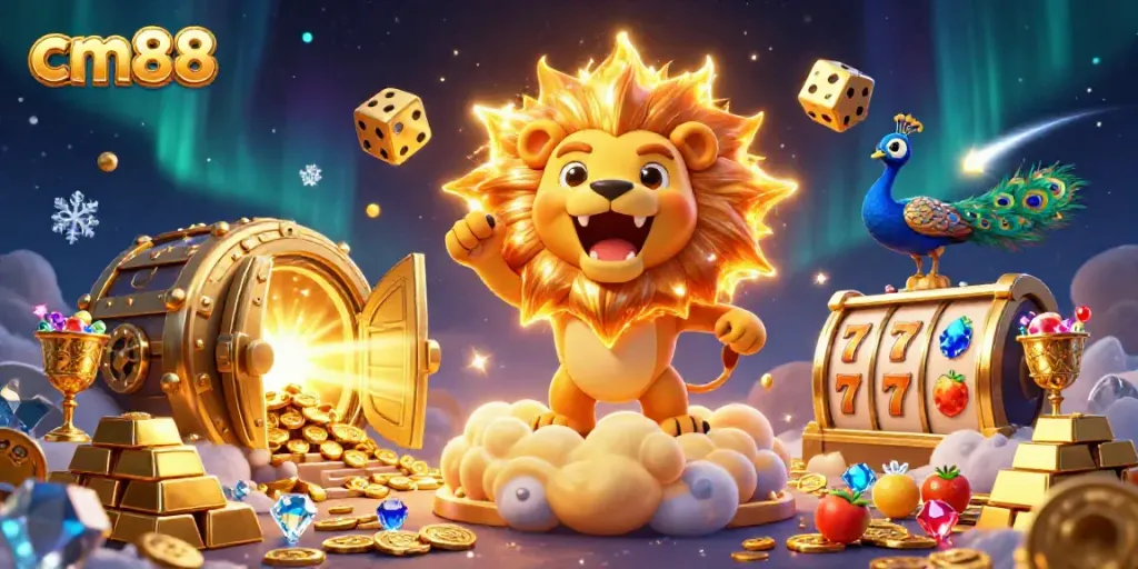 Experience the thrill of cm88 with a vibrant 3D illustration showcasing golden treasures and dynamic symbols.