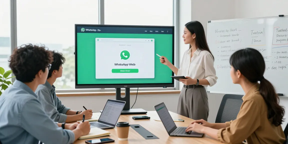 Team collaborating on WhatsApp網頁版 in modern office with screens and devices.