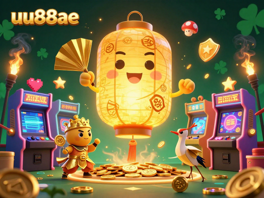Experience enchanting gaming at uu88ae's vibrant online casino, featuring a lively lantern spirit and golden foil companions.