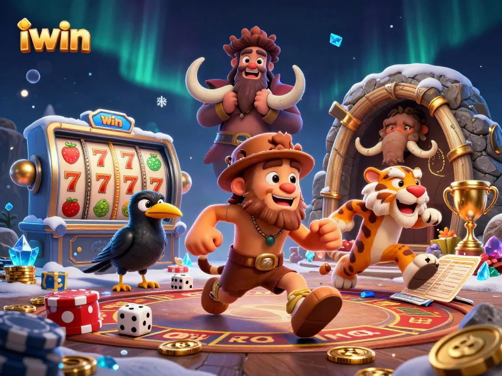 iwin showcases a prehistoric casino with exciting gameplay elements like slot reels and gold coins.