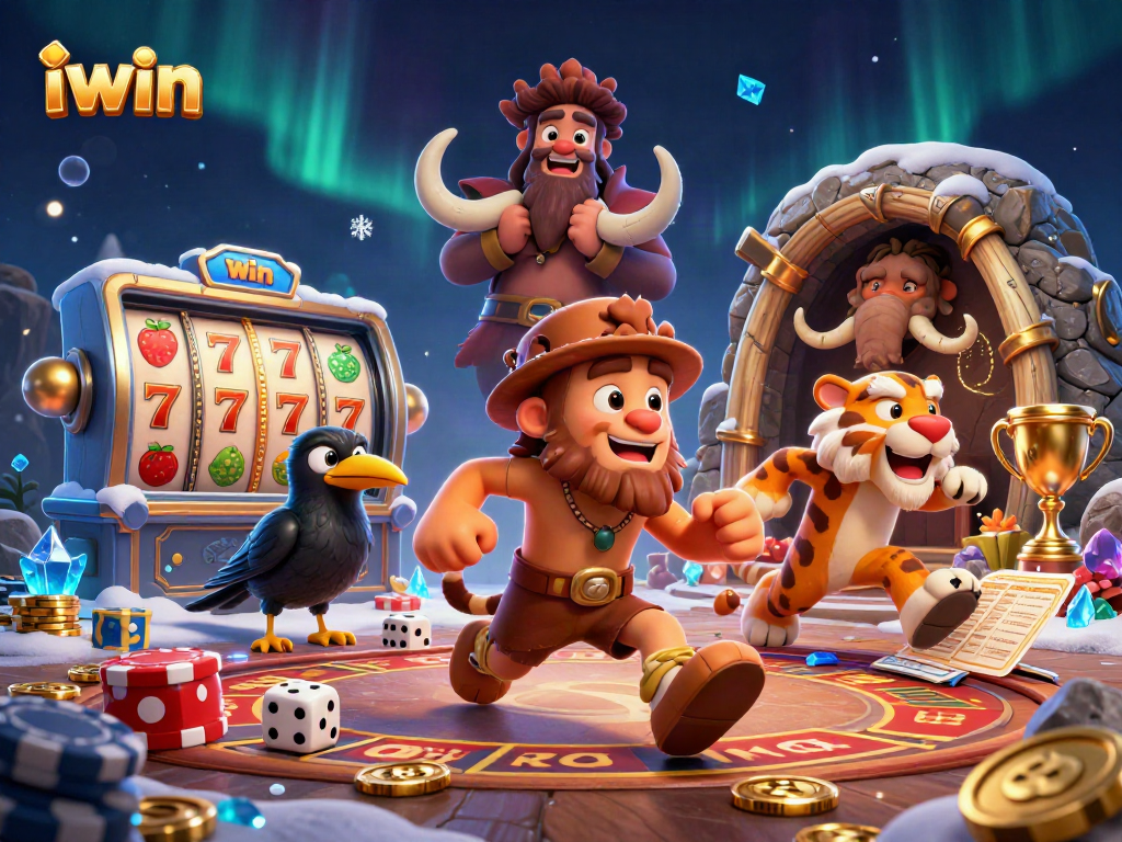 iwin showcases a prehistoric casino with exciting gameplay elements like slot reels and gold coins.