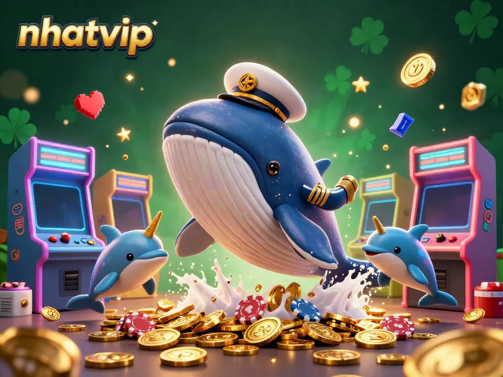 Nhatvip offers thrilling casino experiences with playful aquatic characters amid vibrant gaming elements.