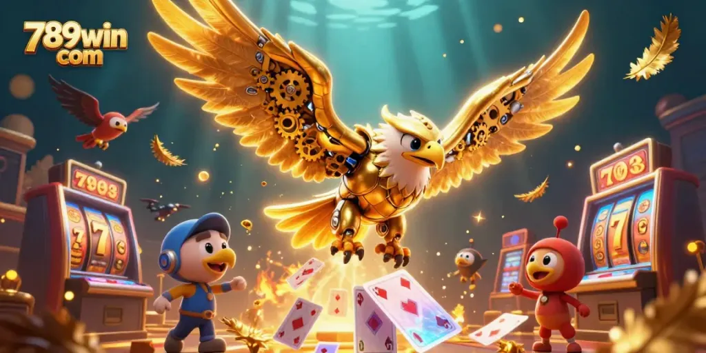 Experience the excitement of 789win com with a cybernetic eagle soaring through slots and jackpot elements.