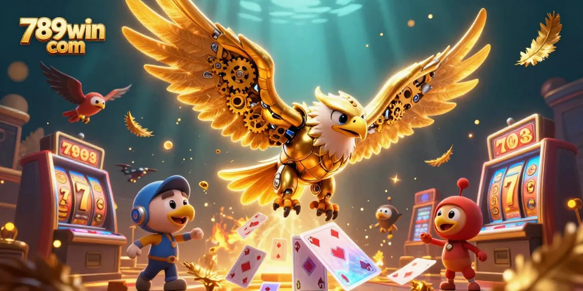 Experience the excitement of 789win com with a cybernetic eagle soaring through slots and jackpot elements.