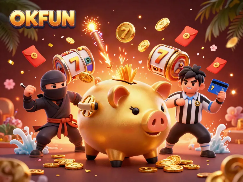 Engaging casino scene with OKFUN's iconic characters, showcasing exciting slot games and vibrant visuals.