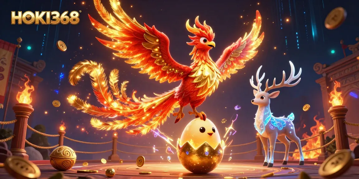 Experience thrilling action at HOKI368 with a vibrant phoenix and mystical stag in a dynamic casino scene.