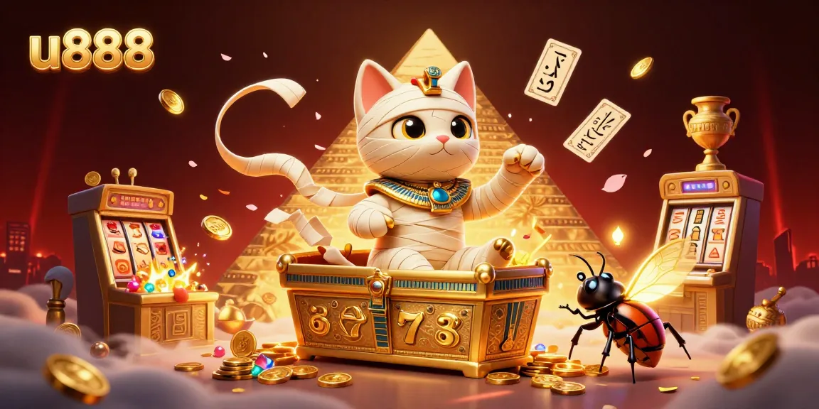 Engage with u888's dynamic online casino fun featuring a mummified cat and treasures.