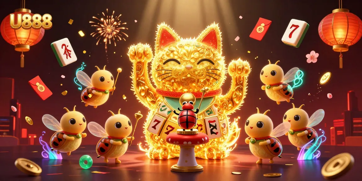U888 brings excitement with a giant lucky cat made of golden fireflies in a vibrant casino scene.