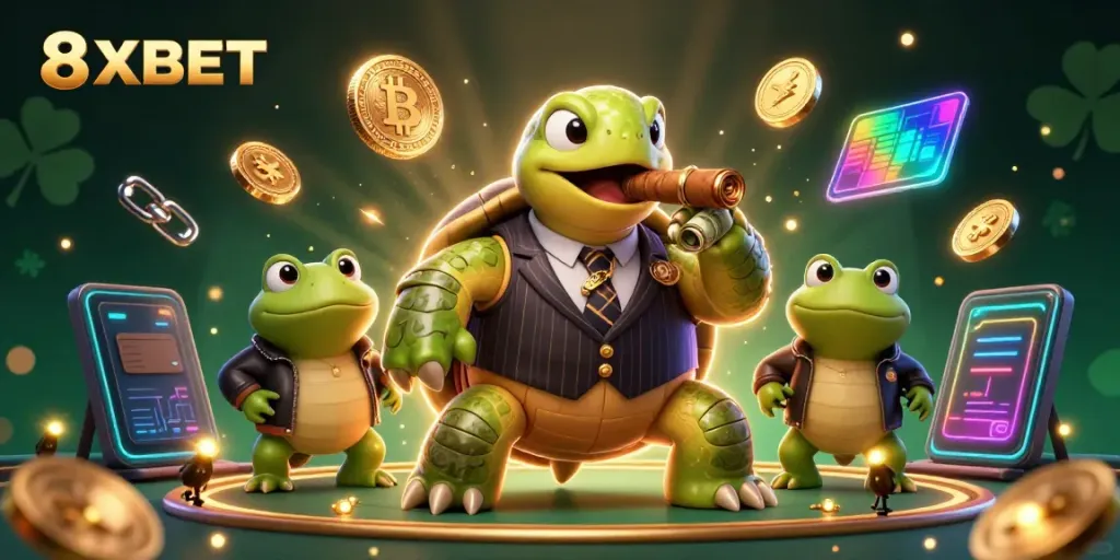 Experience the thrilling 8XBET casino scene with a unique turtles and bullfrogs theme.